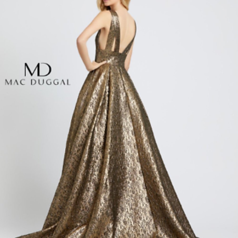 Mac Duggal Gold Prom Dress with Shimmering Finish - Picture 3 of 6